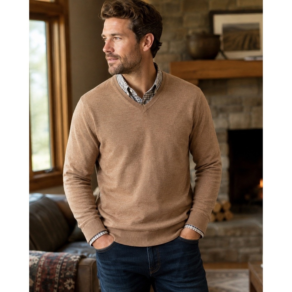 Banana Republic V-Neck Sweater Mens Large Tan Excellent 100% Merino Wool Knit
